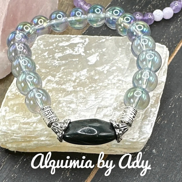 Chunky 10mm Aura Quartz beaded bracelet/bohemian/healing crystals - Picture 1 of 4